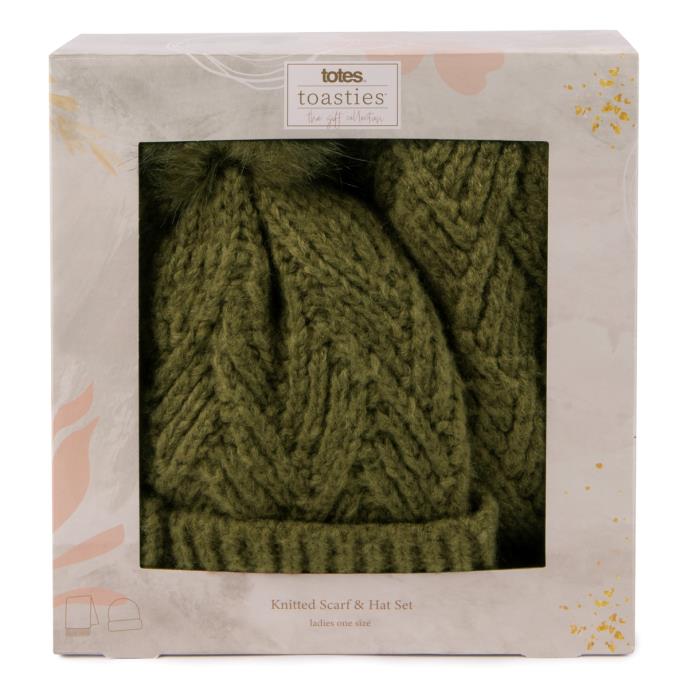 totes Ladies Knitted Hat & Scarf Gift Set Khaki Extra Image 3